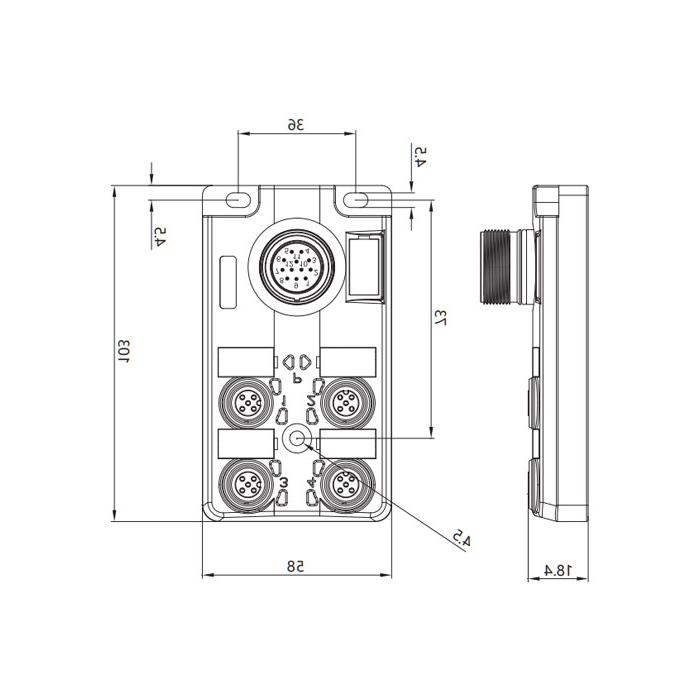 M12 junction box, single channel, PNP, 4-port split, LED, M23 integrated interface base, 24P4CT