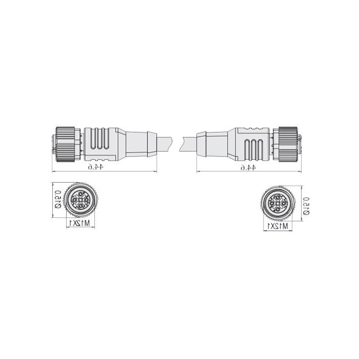 M12 4-PIN D-coded, female straight turn female straight, double-ended precast PUR flexible cable, shielded, black sheath, 64DD65-XXX